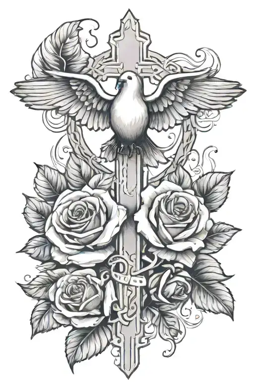 cross rose and dove tattoo design idea