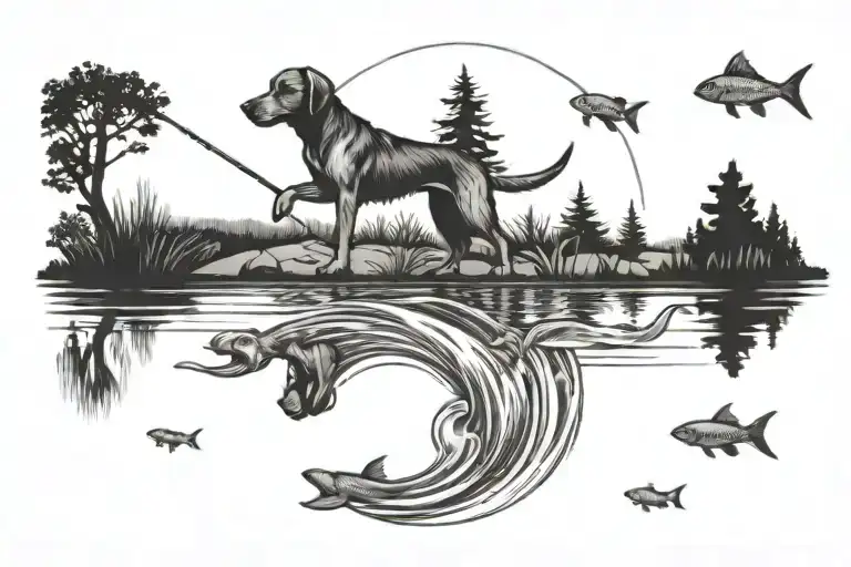 A tattoo design of a dog fishing in a serene lake surrounded by your 4 kids playing, all done in black-grey style tattoo design idea