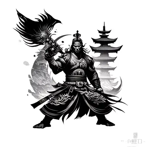 japenese sleeve, bushido warrior and temple with bracelt and tribal inlay  tattoo design idea