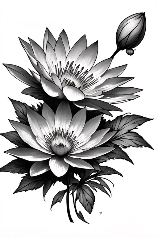 waterlilly and cosmos flower blooming tattoo design idea