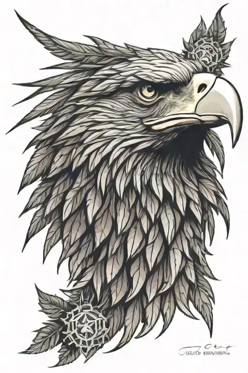 Eagle head, profile. Cannabis weed shaped feathers encircle head, radiating outwards. Detailed. tattoo design idea