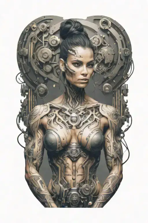 bodybuilder muscular women with technology circuits merging tattoo design idea
