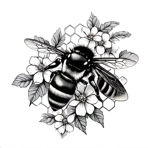 honey bee on honeycomb with flowers tattoo design idea