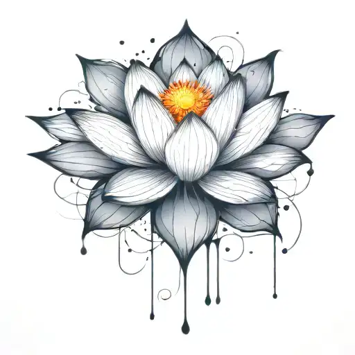 add trajectories surrounding lotus. use dark space themed colors and replace the lighter pedals with darker colors tattoo design idea