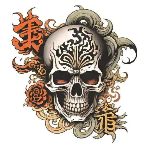 A kanji symbol showing soul with skull surrounded tattoo design idea
