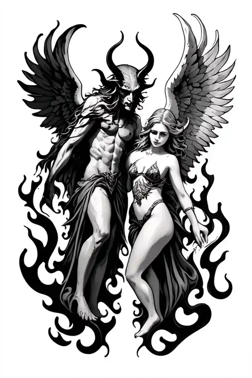 devil and angel in flames left arm sleeve tattoo design idea