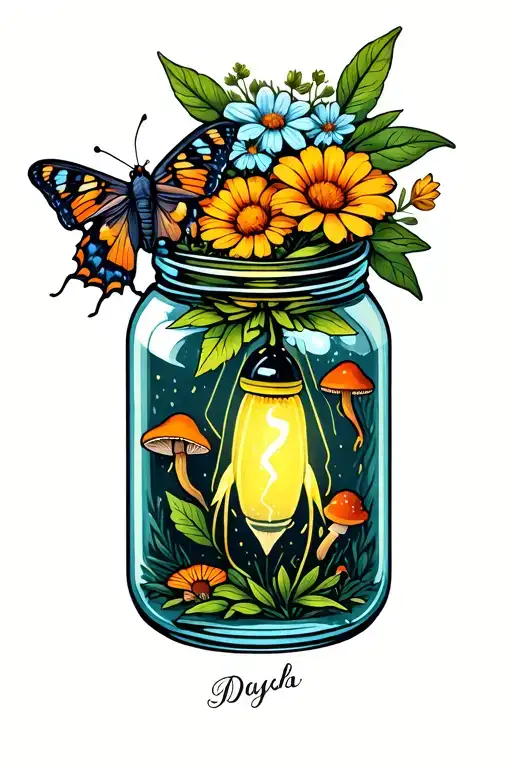 lightning bugs in a jar surrounded by flowers and leaves and mushrooms with a moth outside the jar  tattoo design idea