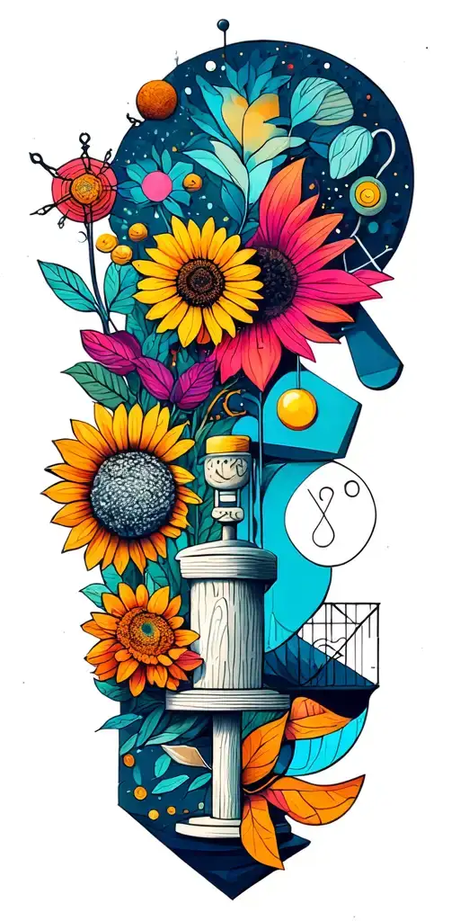 collage narrative of elements of science, woodworking, symbols of family,whimsy, geometric, funny scene, resilience tattoo design idea