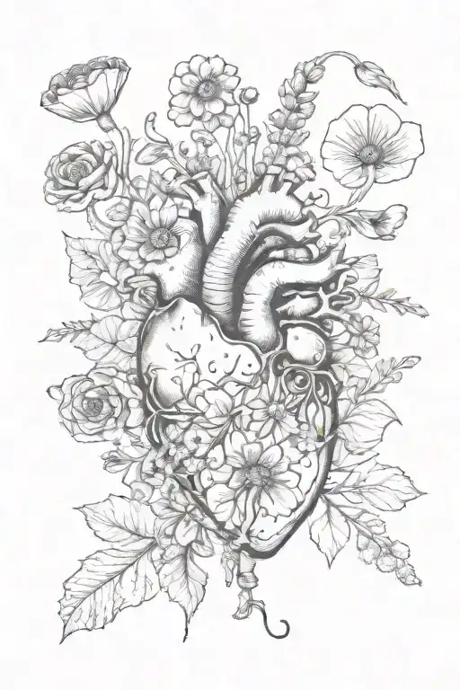 abstract design human heart, poppies, anemones, mushrooms, love and the letters J and C tattoo design idea