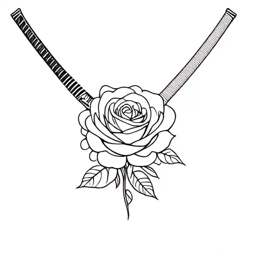 A minimalist design of a rose intertwined with a katana, symbolizing the union of Beauty and The Beast and Mulan tattoo design idea