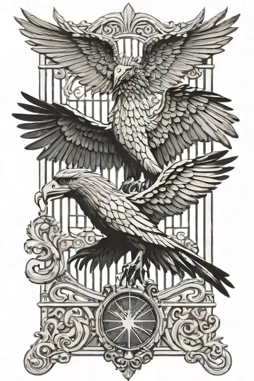 liver bird wings spread with a gate in the background tattoo design idea