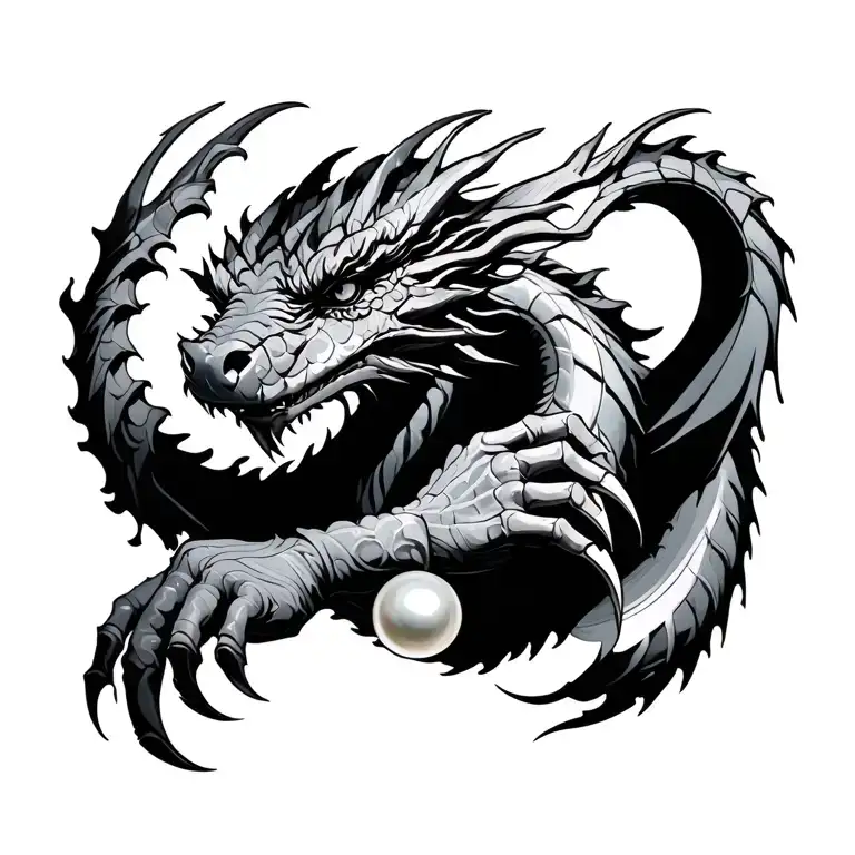 dragons head from chest with body flowing over shoulder and down the arm with three claws holding a pearl tattoo design idea