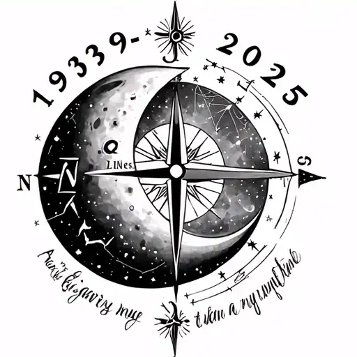 "1939-2025" "1939-2025" Tattoo at the bottom of the back in tribute to my dad with the constellation of Aquarius a compass the moon and une flèc tattoo design idea