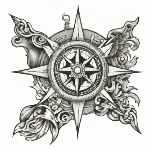 A detailed compass rose design with each direction representing a different family member, set against a backdrop of the Maltese flag tattoo design idea
