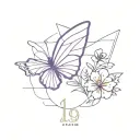 number 1992,  Neon butterfly, violet flower, tattoo design idea