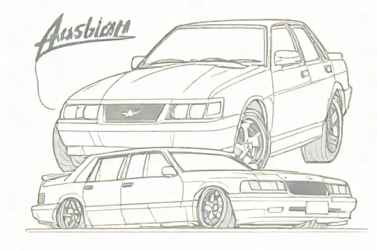The tattoo stencil features a australian car. a white 1980s Holden VK Commodore,＂ slightly lowered with c tattoo design idea