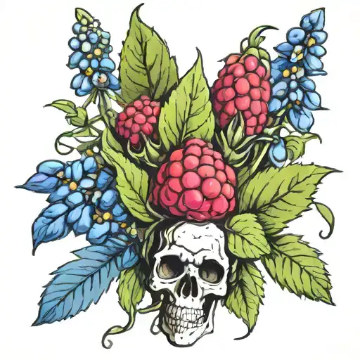 a full bluebonnet flower Sorrounded by raspberries. masculine. maksure the two main images are distinctly different ibej tattoo design idea