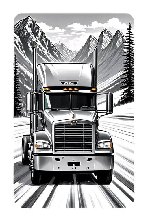 looking out 18 wheeler driving over mountains tattoo design idea