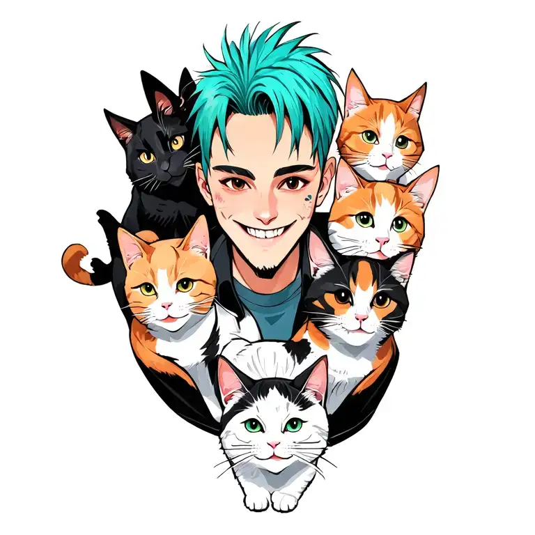 happy punk rock young man with gang of cats tattoo design idea