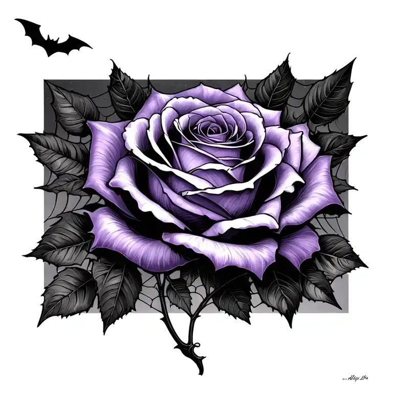 purple rose , cobwebs , bats flying tattoo design idea