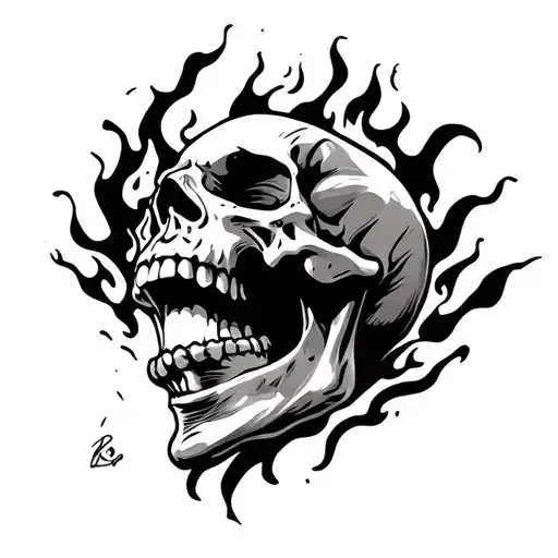 black and white skull laughing in flames tattoo design idea