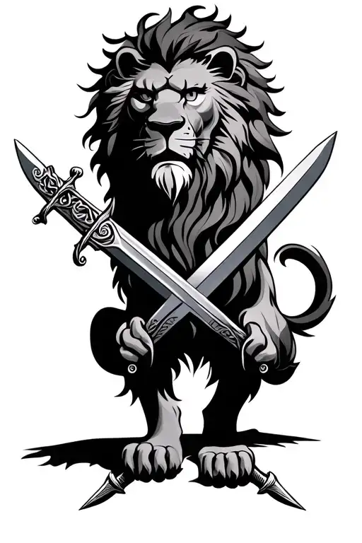 lion with 2 swords crossed tattoo design idea