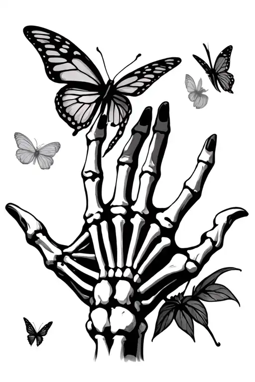 full skeleton reaching hand out with butterfly on hand tattoo design idea