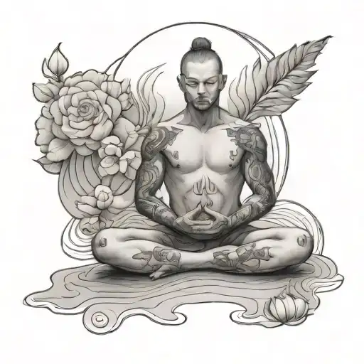 genderless person meditating, shower bath tattoo design idea