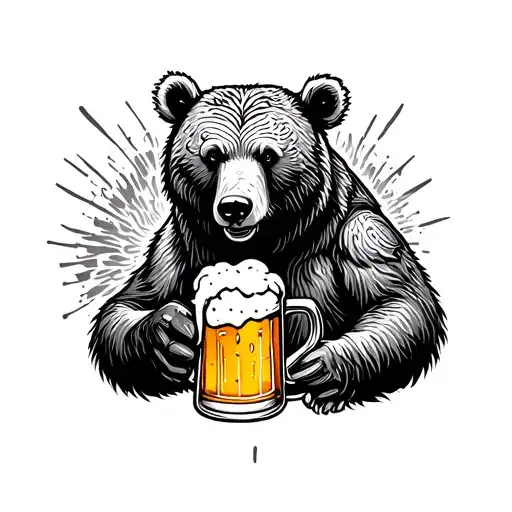 A dotwork tattoo of a bear holding a beer mug with intricate welding patterns surrounding it tattoo design idea
