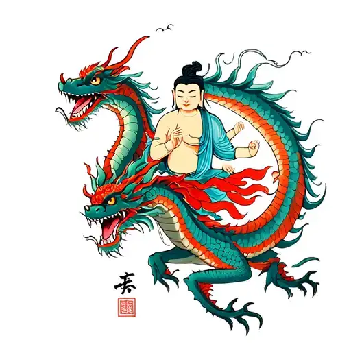 budha ridding a dragon flying tattoo design idea