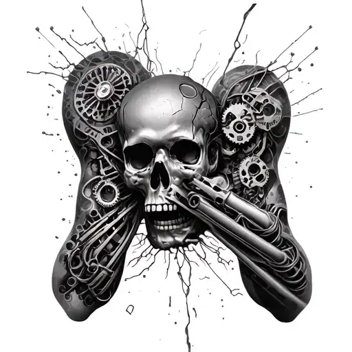 Biomechanics, metal parts, gears, pipes, wires, torn skin effect,  realism, black and gray color scheme. On arm tattoo design idea