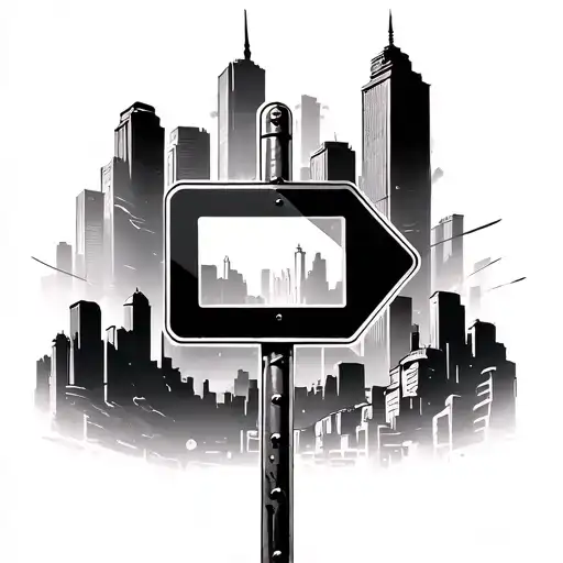 street sign in a city skyline in the background crossroads  tattoo design idea