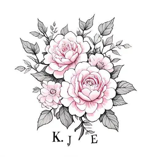 Sakura flowers, roses, and peonies with some vines with small leaves and a tiny initial of a cursive K, and J, and E  tattoo design idea