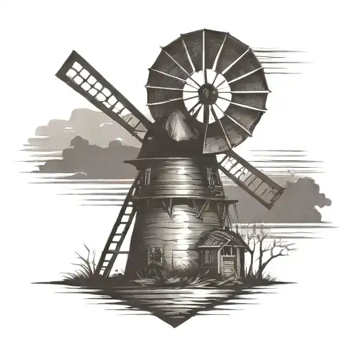old windmill with sunset in front of an arrowhead tattoo design idea