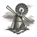 old windmill with sunset in front of an arrowhead tattoo design idea
