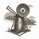 old windmill with sunset in front of an arrowhead tattoo design idea