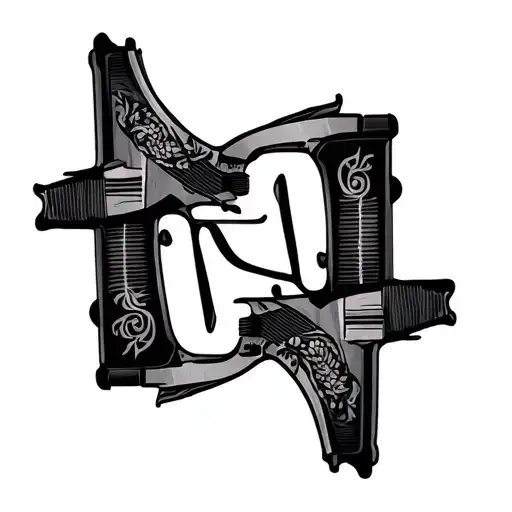 "Lok'd @ the Lake " two identical Colt 1911 semiautomatic 9mm pistols, stylized as part of the letter " L " tattoo design idea