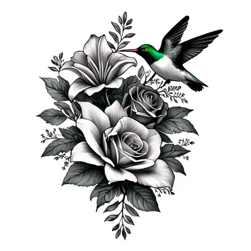 floral sleeve tattoo featuring lilies, roses, larkspur, and a hummingbird tattoo design idea
