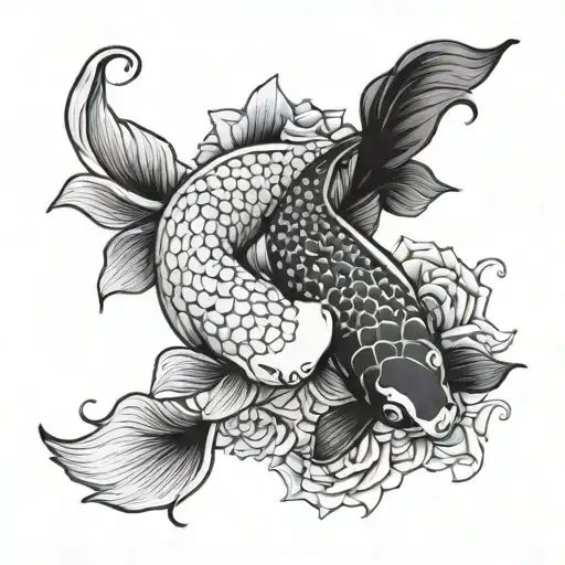 yin ang yang koi fish with flowers tattoo design idea