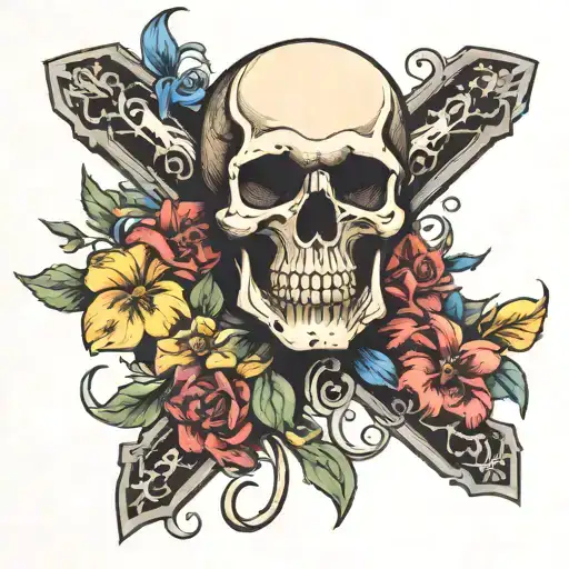 skull , Rosario cross with flowers tattoo design idea