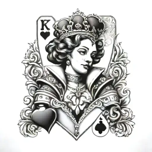 queen of hearts with letter K tattoo design idea