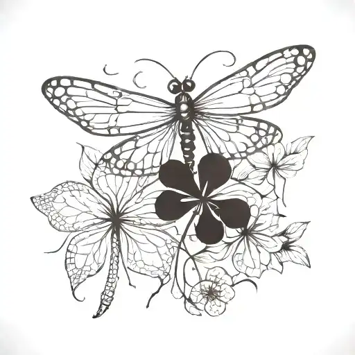 four leaf clovers, dragonflies pain grief tattoo design idea