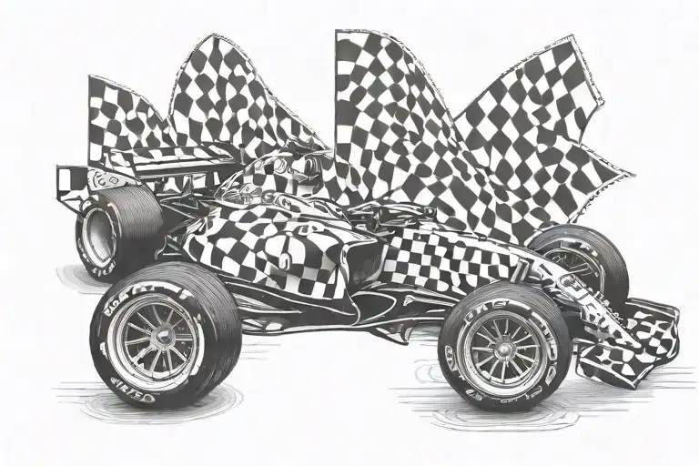 A Formula 1 car with a checkered flag waving in the background tattoo design idea