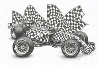 A Formula 1 car with a checkered flag waving in the background tattoo design idea