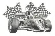 A Formula 1 car with a checkered flag waving in the background tattoo design idea