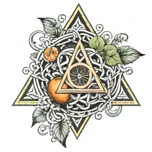 a Clementine blossom intertwined by Irish Celtic knot, deathly hallows symbol, with CLHH in typewriter font  tattoo design idea