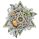 a Clementine blossom intertwined by Irish Celtic knot, deathly hallows symbol, with CLHH in typewriter font  tattoo design idea