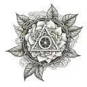 a Clementine blossom intertwined by Irish Celtic knot, deathly hallows symbol, with CLHH in typewriter font  tattoo design idea