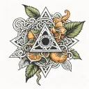 a Clementine blossom intertwined by Irish Celtic knot, deathly hallows symbol, with CLHH in typewriter font  tattoo design idea