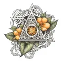 a Clementine blossom intertwined by Irish Celtic knot, deathly hallows symbol, with CLHH in typewriter font  tattoo design idea